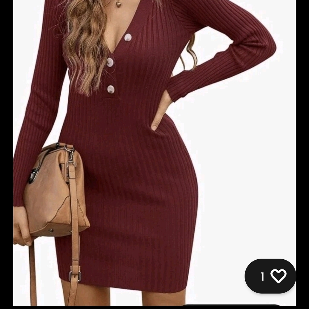 Ribbed V-Neck Long Sleeve Bodycon Dress in Burgundy